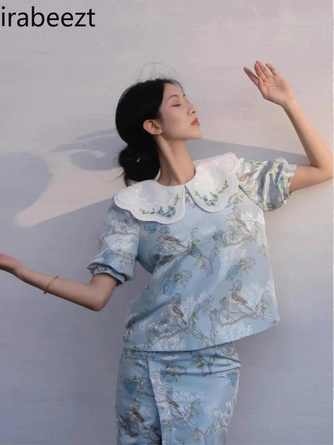 New Chinese Style National Style Embroidered Blue Shirt Female 2024 Summer New Large Size Tang Suit Retro Doll Collar Top