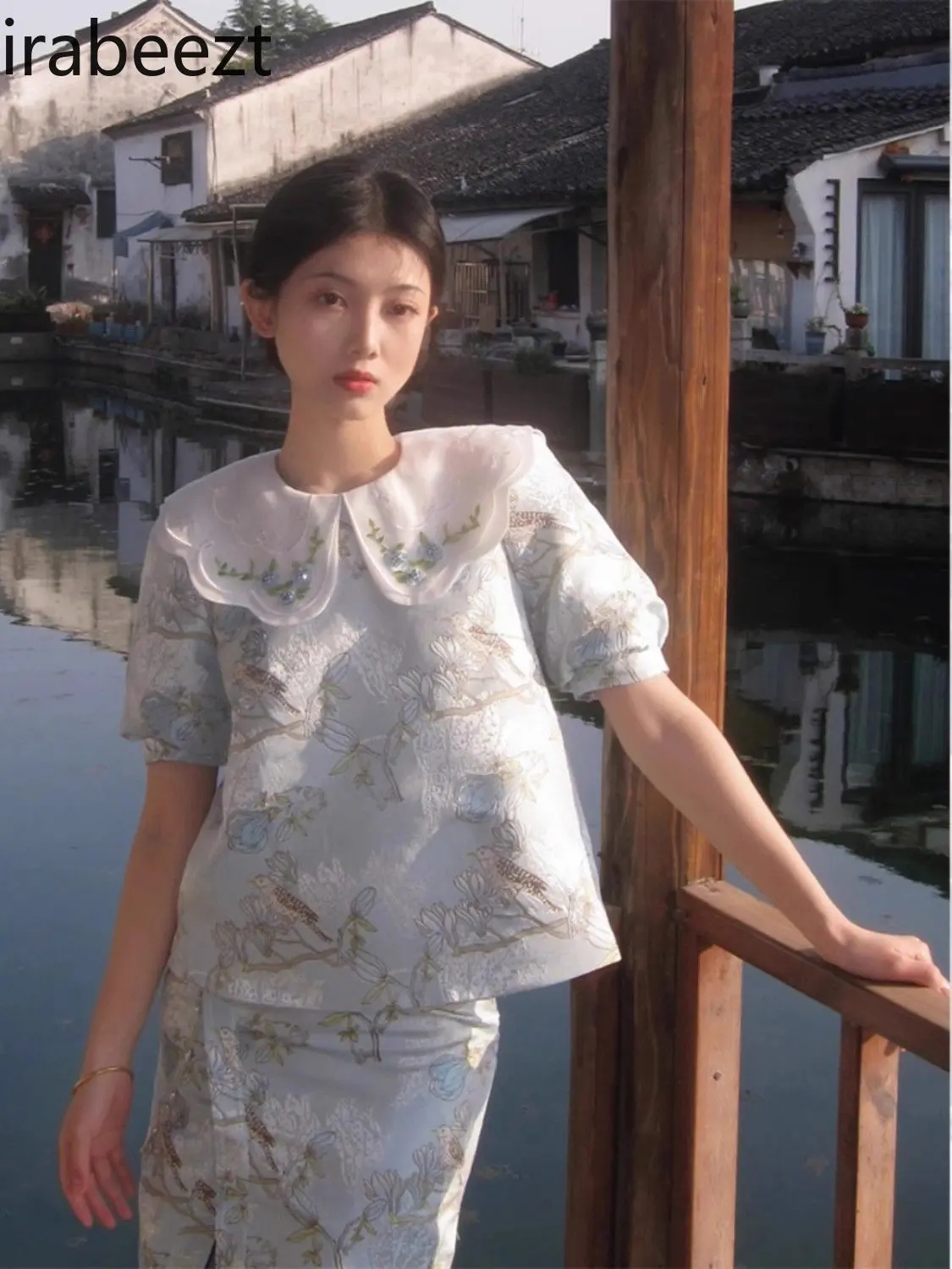New Chinese Style National Style Embroidered Blue Shirt Female 2024 Summer New Large Size Tang Suit Retro Doll Collar Top