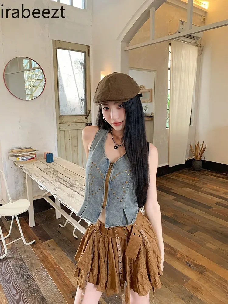 Vintage American Retro Style Sexy Ruffled Crop Top & Asymmetrical Mini Skirt Set for Women - Summer Fashion Outfit