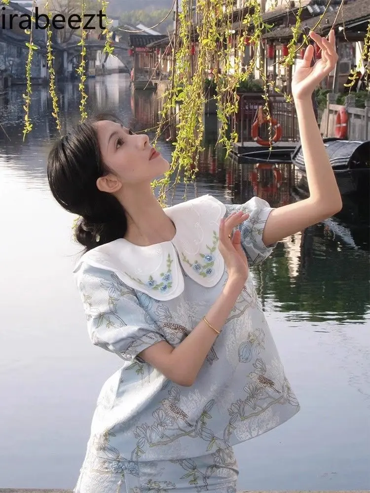 New Chinese Style National Style Embroidered Blue Shirt Female 2024 Summer New Large Size Tang Suit Retro Doll Collar Top