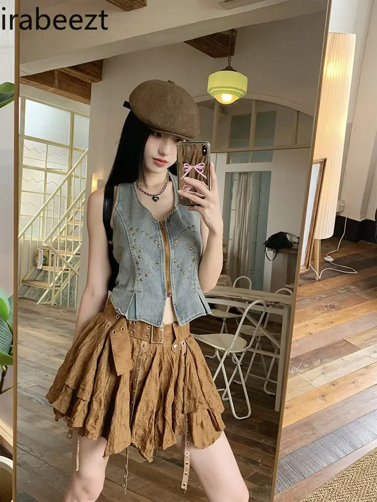 Vintage American Retro Style Sexy Ruffled Crop Top & Asymmetrical Mini Skirt Set for Women - Summer Fashion Outfit