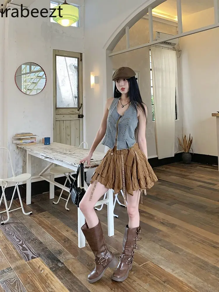 Vintage American Retro Style Sexy Ruffled Crop Top & Asymmetrical Mini Skirt Set for Women - Summer Fashion Outfit