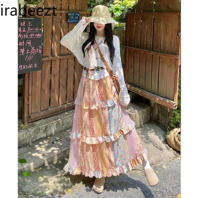 Niche Retro Splicing Ruffle Skirt for Women 2024 Summer Vacation Travel Wear Floral Regulai Fit Long Skirts for Women