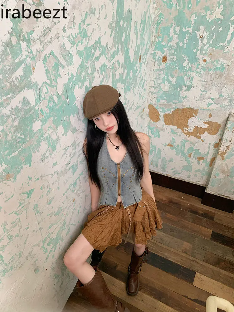 Vintage American Retro Style Sexy Ruffled Crop Top & Asymmetrical Mini Skirt Set for Women - Summer Fashion Outfit