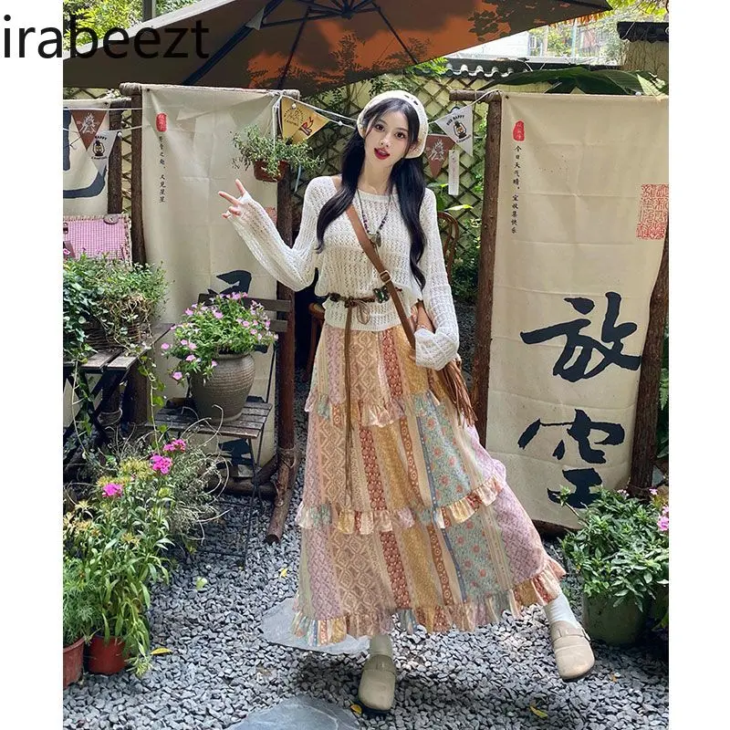 Niche Retro Splicing Ruffle Skirt for Women 2024 Summer Vacation Travel Wear Floral Regulai Fit Long Skirts for Women
