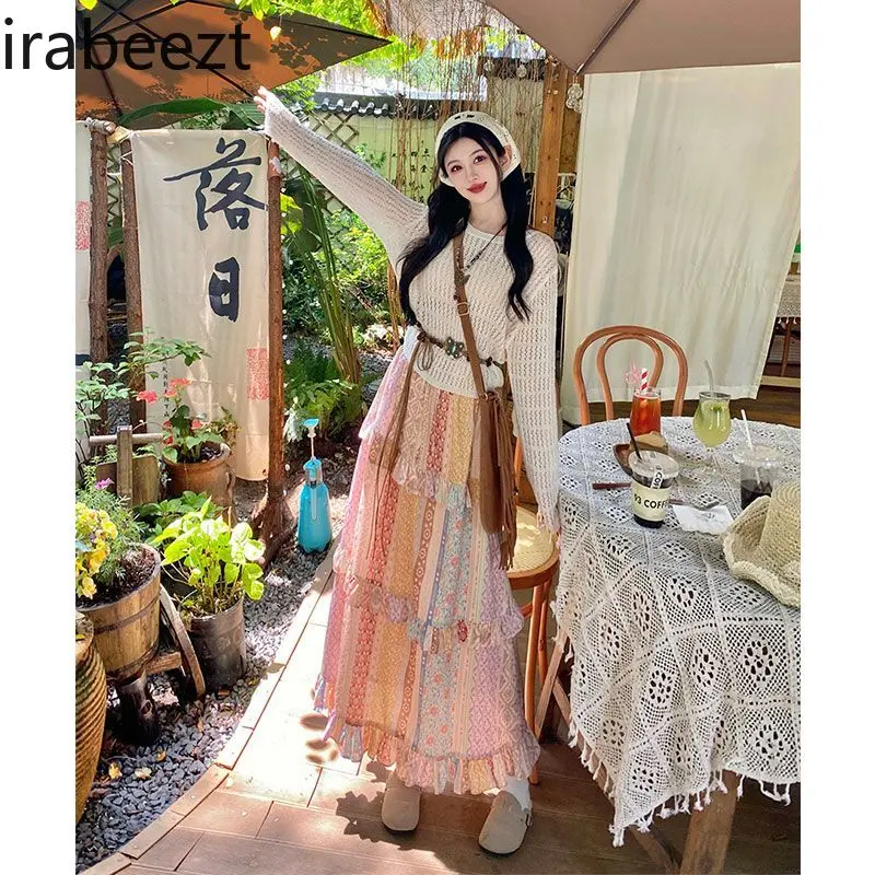 Niche Retro Splicing Ruffle Skirt for Women 2024 Summer Vacation Travel Wear Floral Regulai Fit Long Skirts for Women