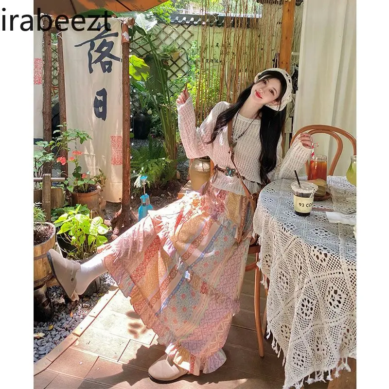Niche Retro Splicing Ruffle Skirt for Women 2024 Summer Vacation Travel Wear Floral Regulai Fit Long Skirts for Women