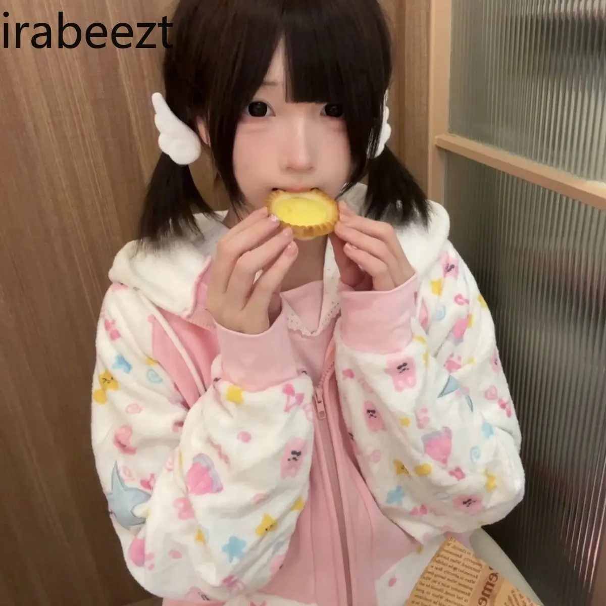 A Girlish Japanese-style Hoodie Cute Circular Rabbit-handled Sheep-fur Bear-ear Hooded Двухсторонняя Куртка Jacket Women