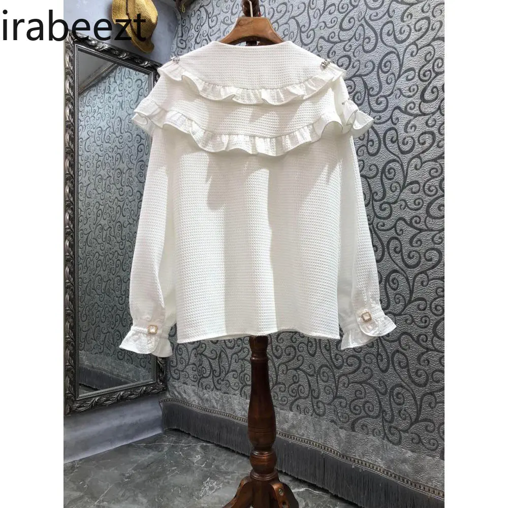 Early Spring New European Goods Women's Beaded Ruffled Doll Collar Color Button Long Sleeve Shirt Versatile Slim Blouse