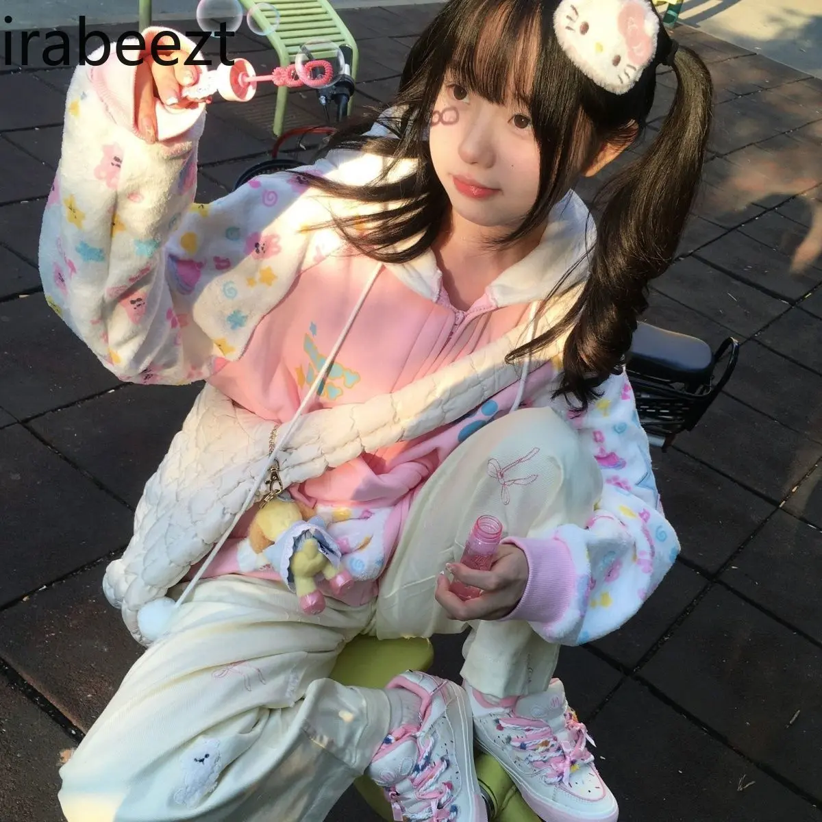 A Girlish Japanese-style Hoodie Cute Circular Rabbit-handled Sheep-fur Bear-ear Hooded Двухсторонняя Куртка Jacket Women