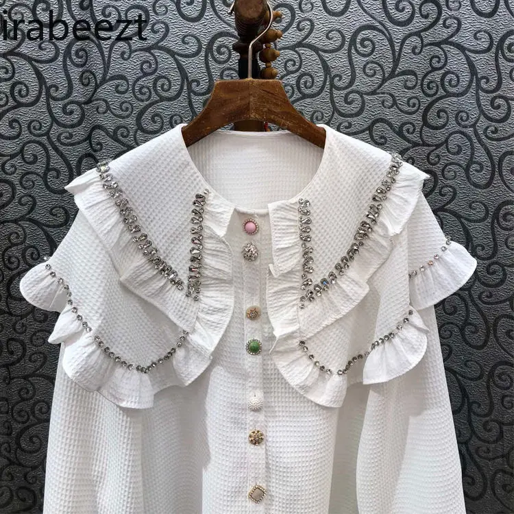 Early Spring New European Goods Women's Beaded Ruffled Doll Collar Color Button Long Sleeve Shirt Versatile Slim Blouse