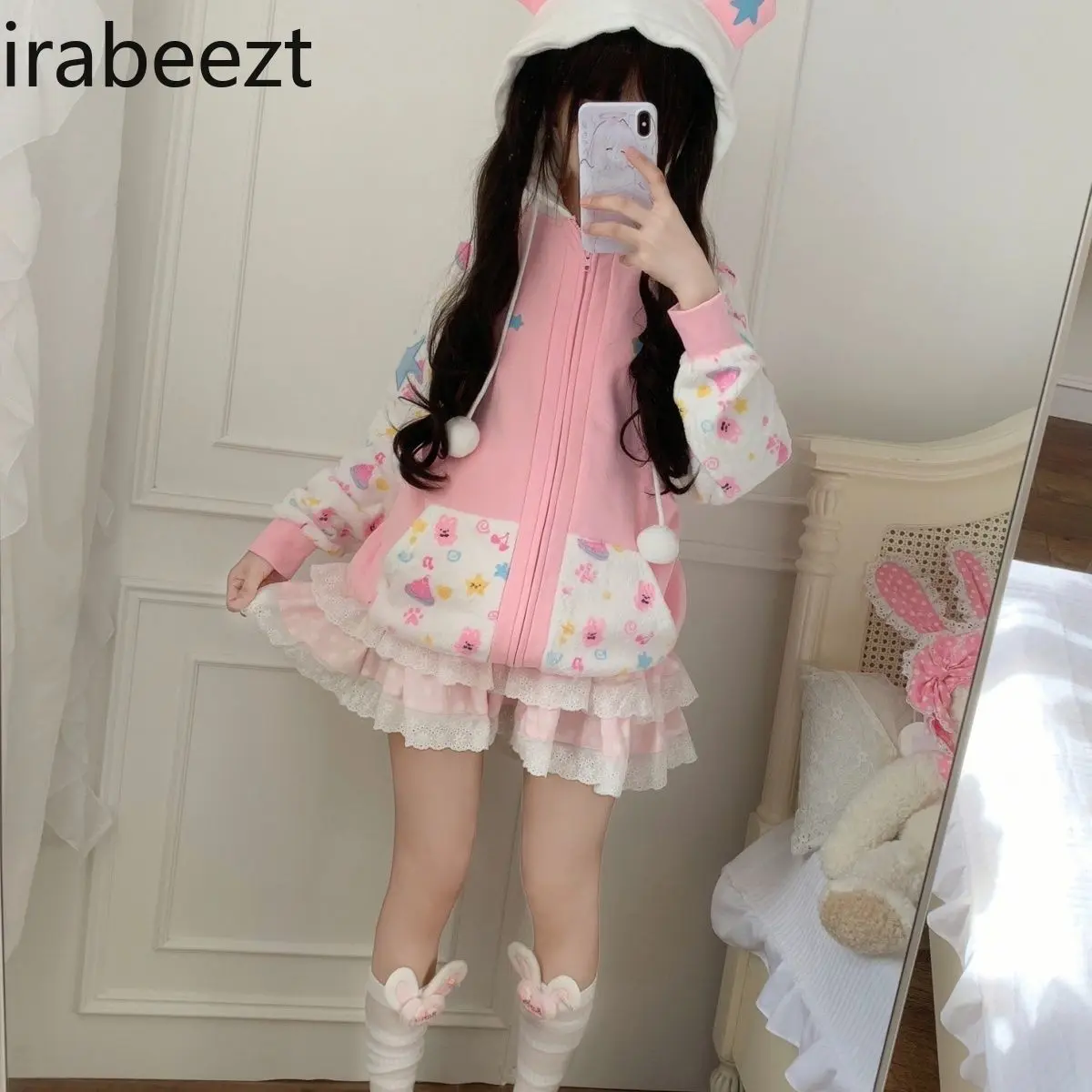A Girlish Japanese-style Hoodie Cute Circular Rabbit-handled Sheep-fur Bear-ear Hooded Двухсторонняя Куртка Jacket Women