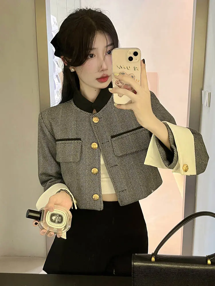 Irabeezt Jackets for Women Plaid French Stand Collar Tweed Short Coats Korean Fashion Gray Jacket 2024 Winter Female Clothes