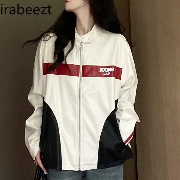 Stand Collar Double Leather Stitching Retro Sports Racing Coat Autumn Contrast Color Men and Women Couple Motorcycle Jacket