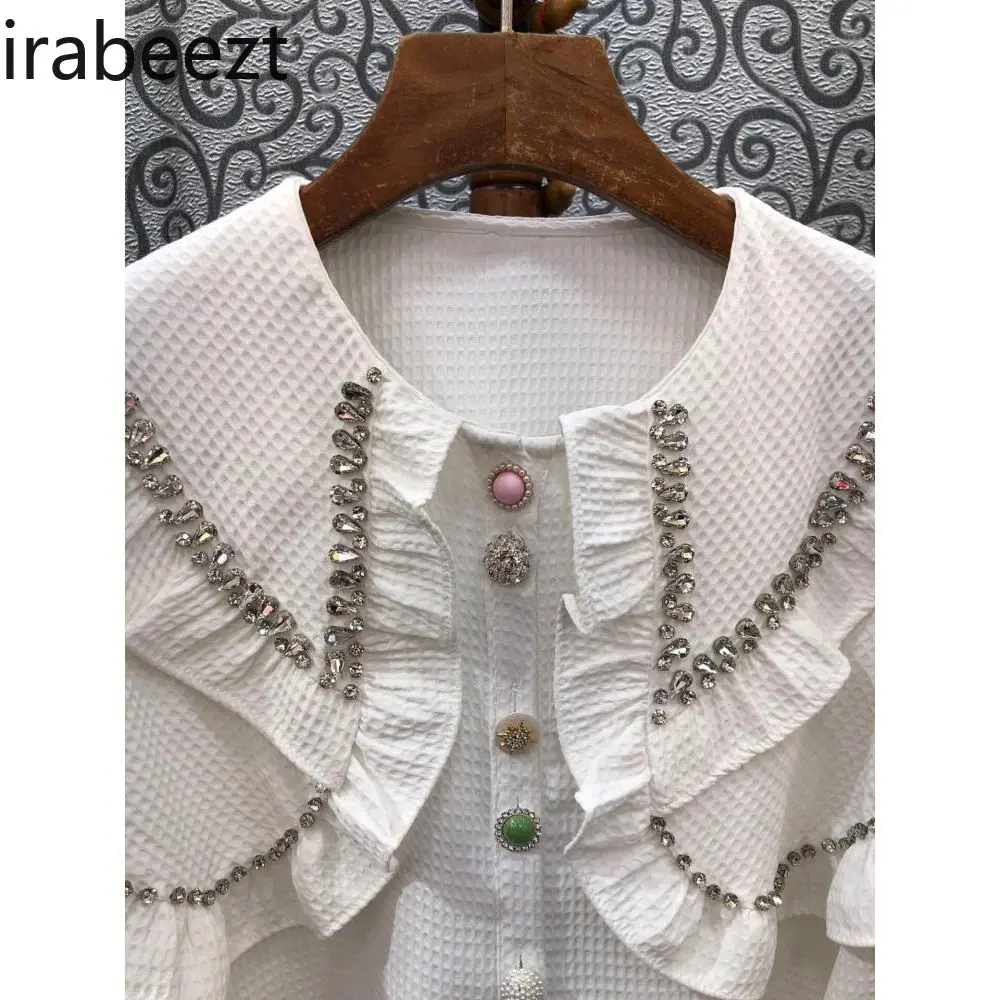 Early Spring New European Goods Women's Beaded Ruffled Doll Collar Color Button Long Sleeve Shirt Versatile Slim Blouse