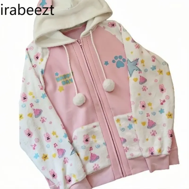 A Girlish Japanese-style Hoodie Cute Circular Rabbit-handled Sheep-fur Bear-ear Hooded Двухсторонняя Куртка Jacket Women