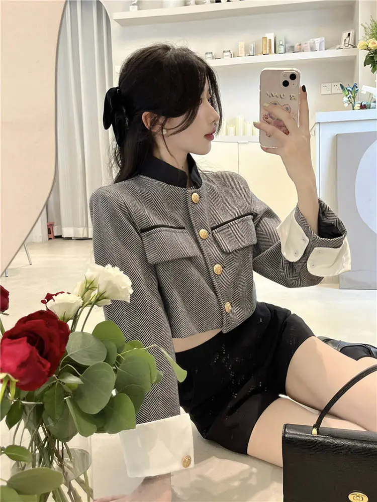Irabeezt Jackets for Women Plaid French Stand Collar Tweed Short Coats Korean Fashion Gray Jacket 2024 Winter Female Clothes