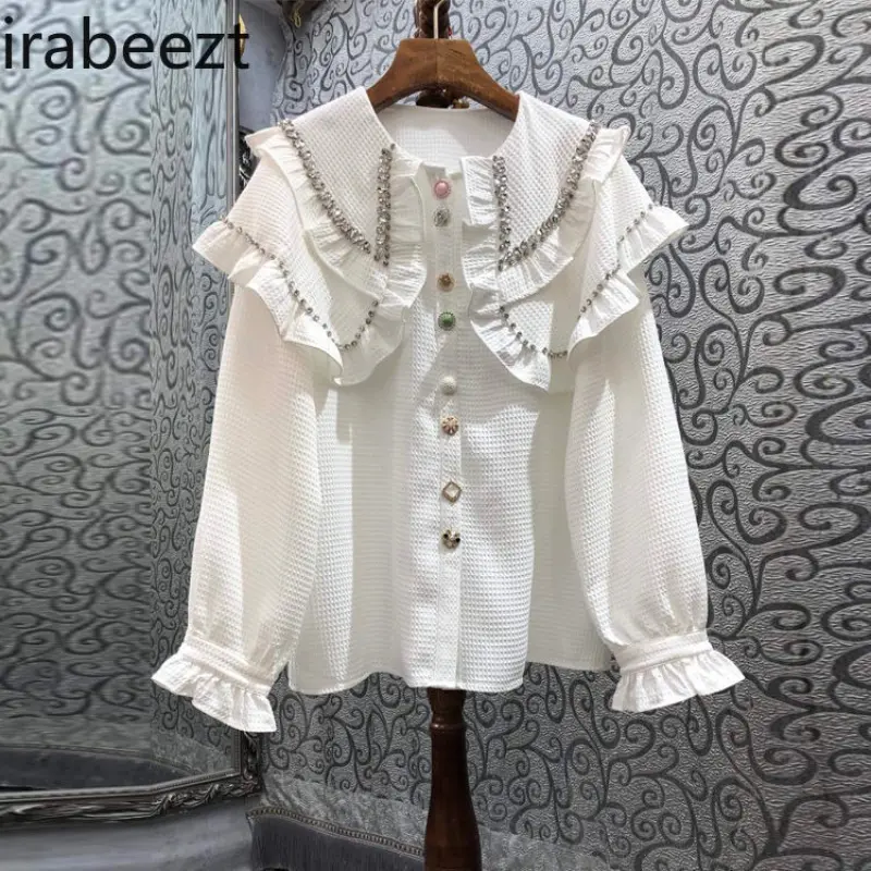 Early Spring New European Goods Women's Beaded Ruffled Doll Collar Color Button Long Sleeve Shirt Versatile Slim Blouse