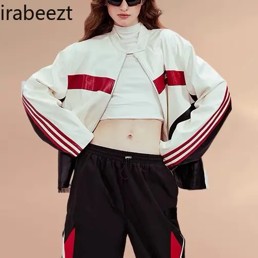 Stand Collar Double Leather Stitching Retro Sports Racing Coat Autumn Contrast Color Men and Women Couple Motorcycle Jacket