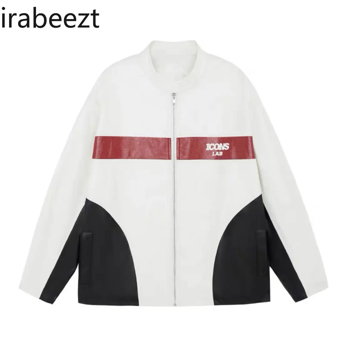 Stand Collar Double Leather Stitching Retro Sports Racing Coat Autumn Contrast Color Men and Women Couple Motorcycle Jacket