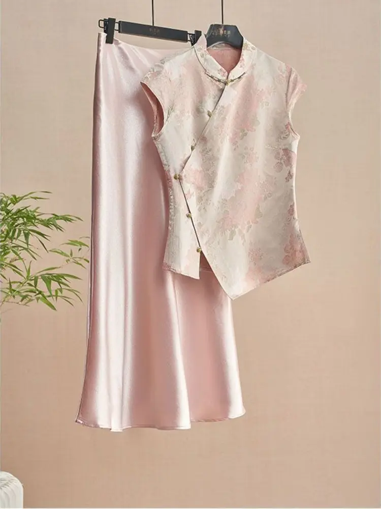 Elegant 2025 Chinese-Inspired Two-Piece Set Modernized Button-Up Blouse with Gold Embroidery & A-Line Skirt with Side Slits