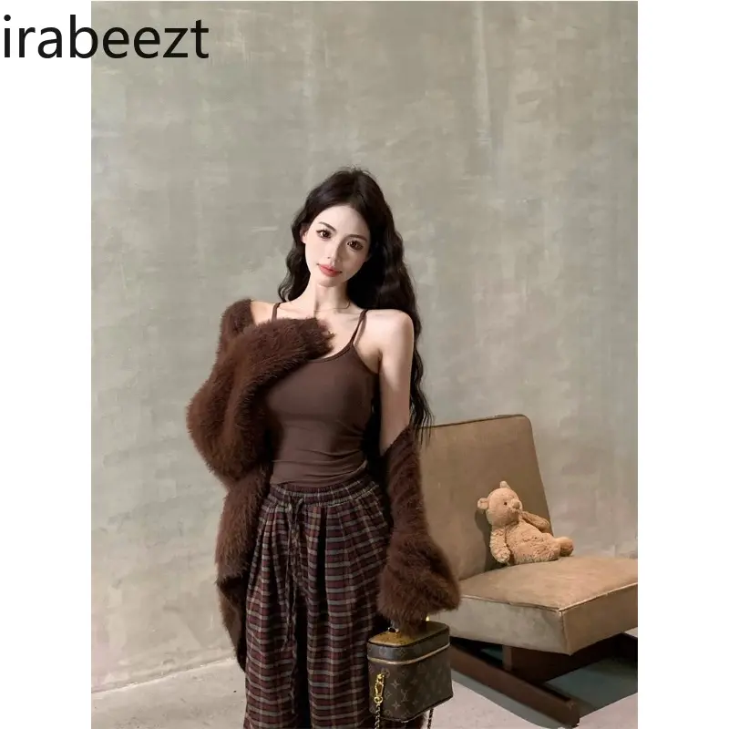 Women's Pants Set V-Neck Cardigan+Tank Top+Plaid Straight Tube Wide Leg Pants Vintage Casual Lazy Style Three Piece Lady Clothes