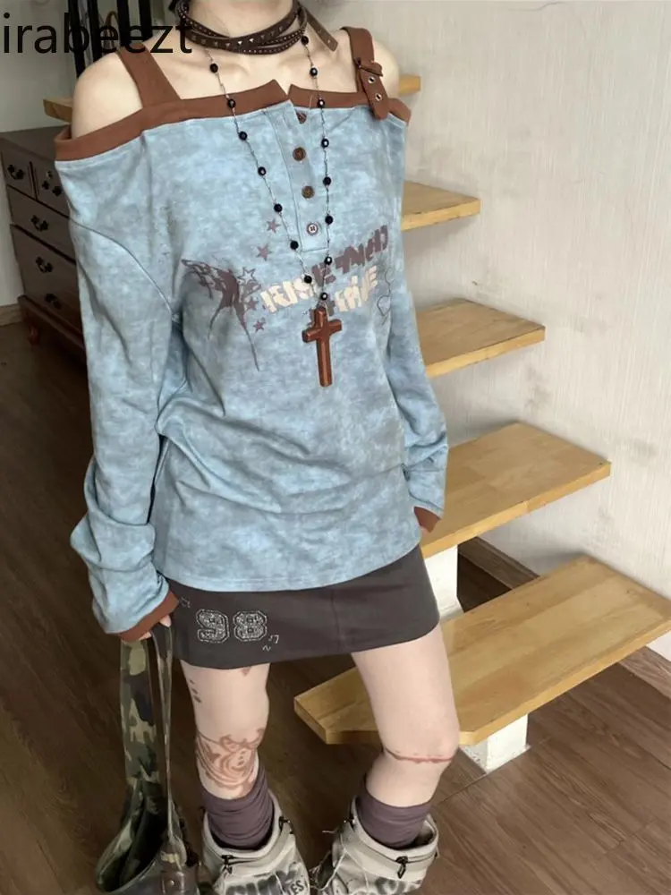 Retro Splicing Print Light and Stacked One-shoulder T-shirt for Women with Unique Design Top Mainland China Feminist Clothes