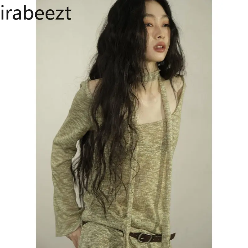 Women's Tops Casual Slash Neck Long Sleeved Thin Loose T-shirts+Neck Design Sense Trendy Personality Fashion Top Ladies Clothing