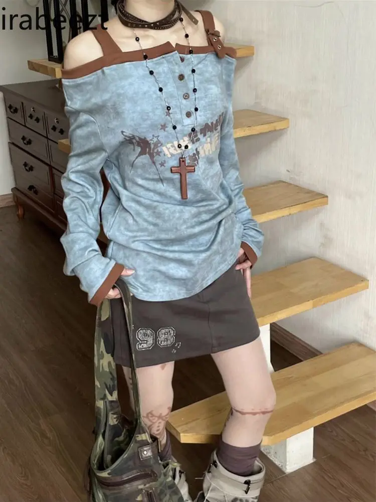 Retro Splicing Print Light and Stacked One-shoulder T-shirt for Women with Unique Design Top Mainland China Feminist Clothes