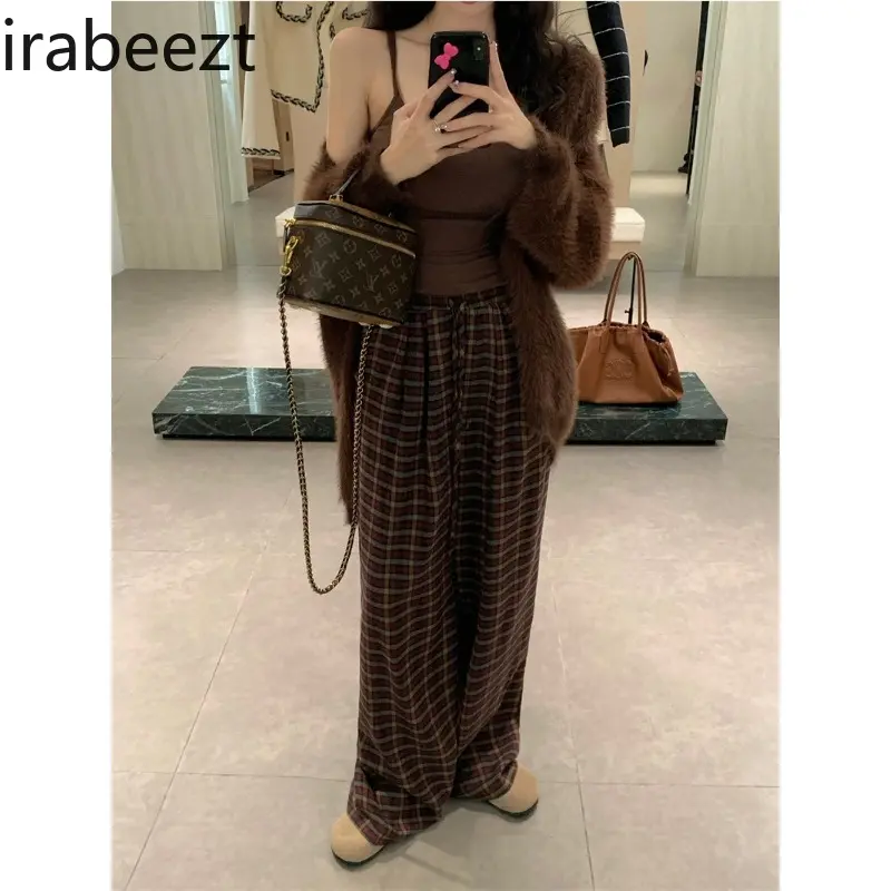 Women's Pants Set V-Neck Cardigan+Tank Top+Plaid Straight Tube Wide Leg Pants Vintage Casual Lazy Style Three Piece Lady Clothes