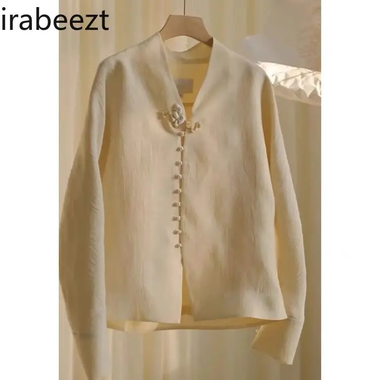 Chic and Unique Top New Chinese Style Cream Shirt for Women 2024 Early Spring Camisas De Mujer Vintage China Traditional Blouse