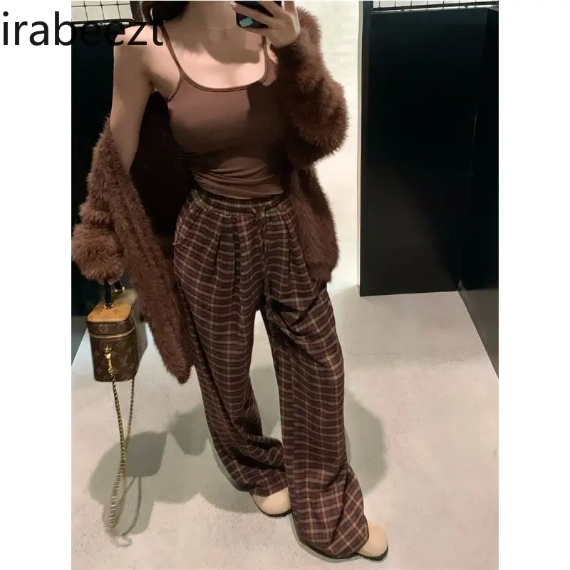 Women's Pants Set V-Neck Cardigan+Tank Top+Plaid Straight Tube Wide Leg Pants Vintage Casual Lazy Style Three Piece Lady Clothes