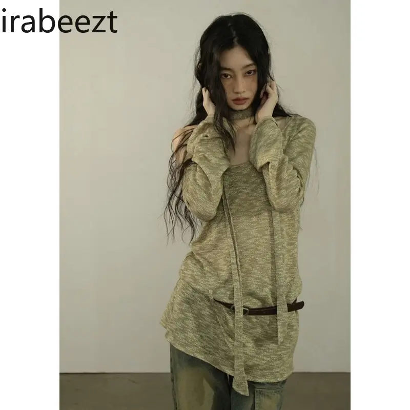 Women's Tops Casual Slash Neck Long Sleeved Thin Loose T-shirts+Neck Design Sense Trendy Personality Fashion Top Ladies Clothing