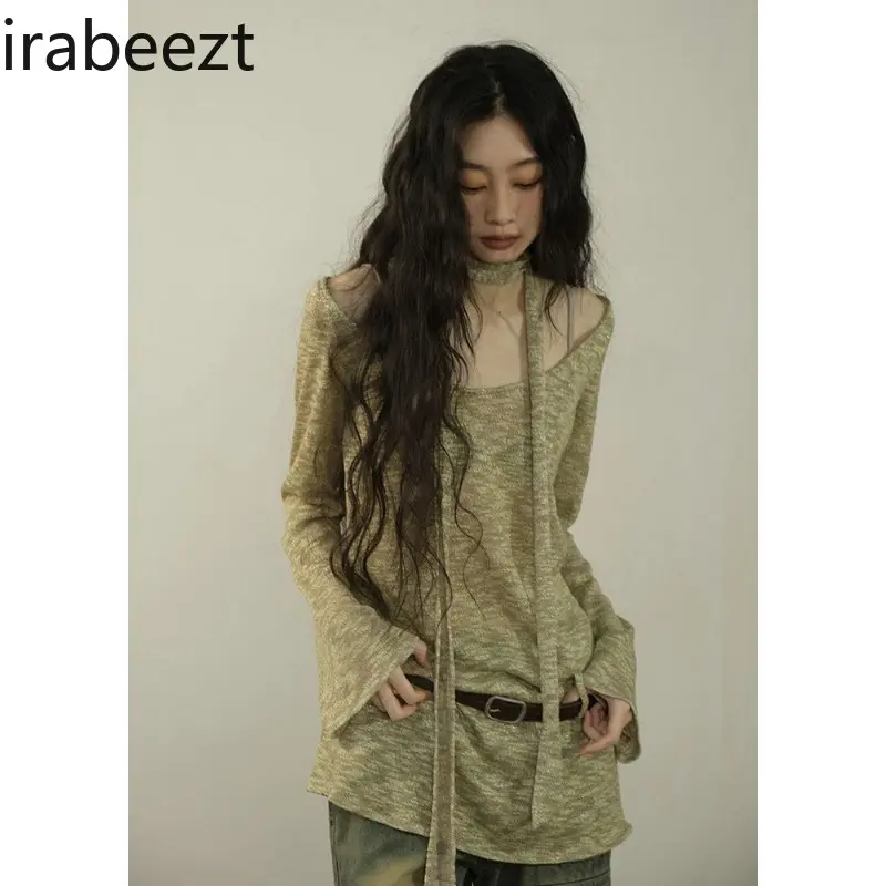 Women's Tops Casual Slash Neck Long Sleeved Thin Loose T-shirts+Neck Design Sense Trendy Personality Fashion Top Ladies Clothing