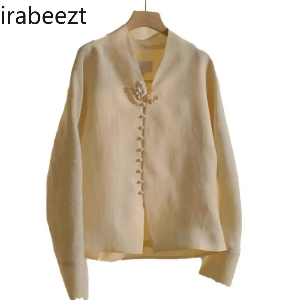 Chic and Unique Top New Chinese Style Cream Shirt for Women 2024 Early Spring Camisas De Mujer Vintage China Traditional Blouse