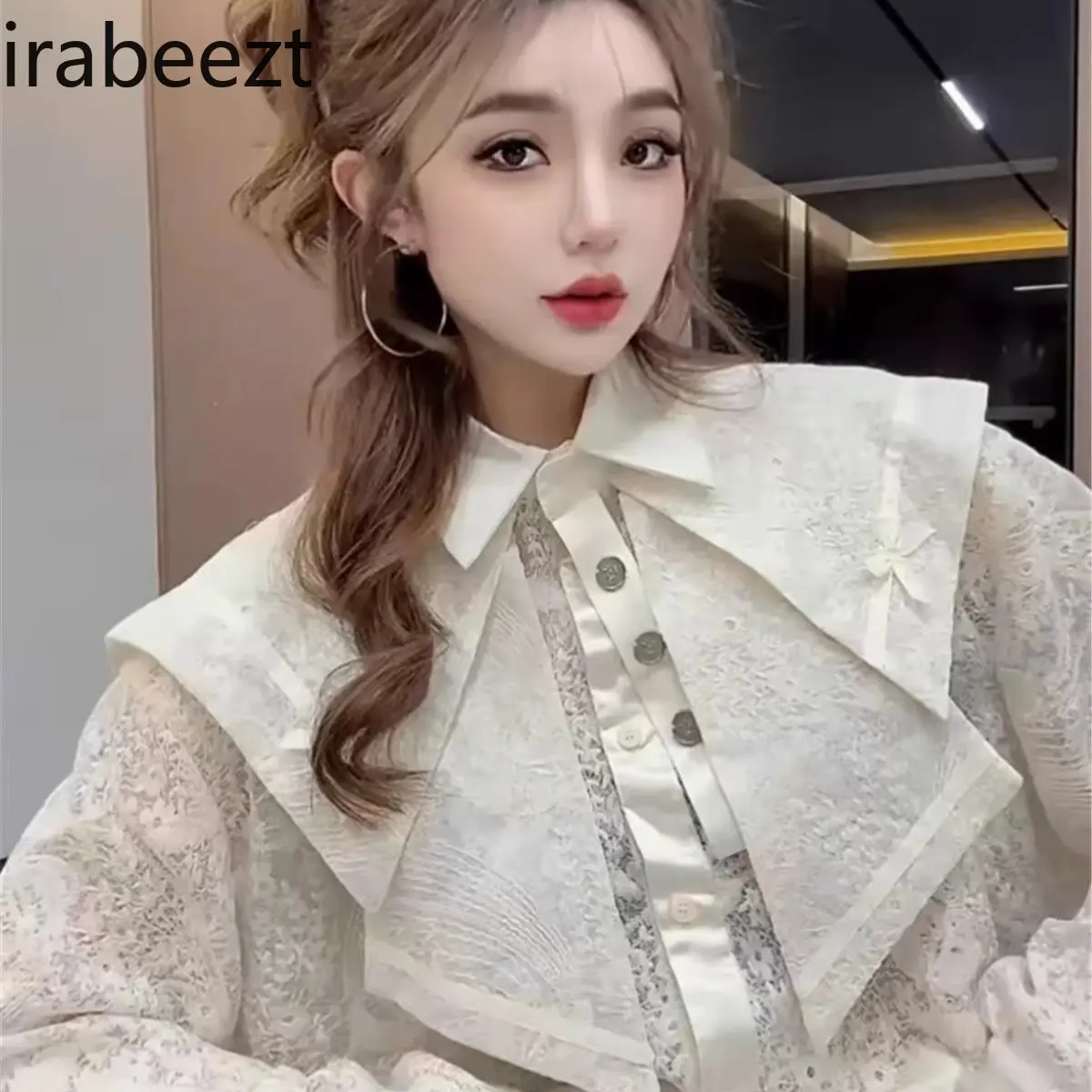 French Retro Lace Doll Collar Long-sleeved Shirt 2024 Winter New Design Temperament Versatile Tops for Women Casual Blusas