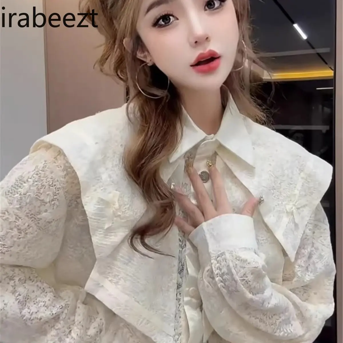 French Retro Lace Doll Collar Long-sleeved Shirt 2024 Winter New Design Temperament Versatile Tops for Women Casual Blusas
