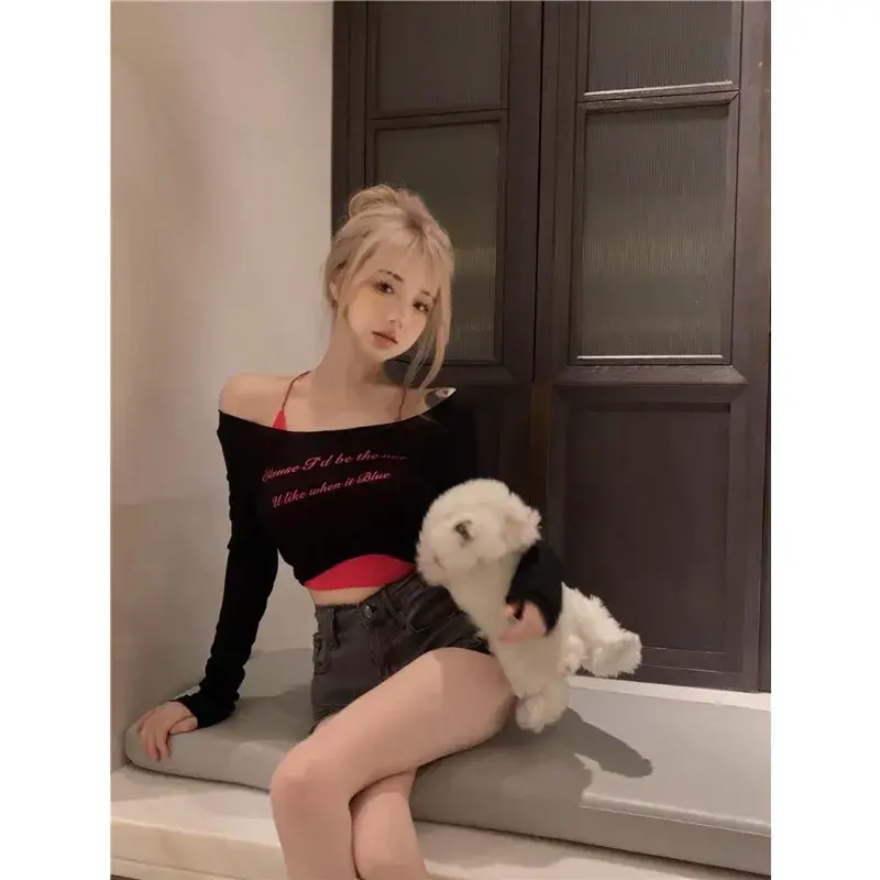 Women's 2023 Summer New Pure Lust Spicy Girl Letter Print Off Shoulder Long Sleeve T-shirt Sexy Collar Off Shoulder Slim Fit Top