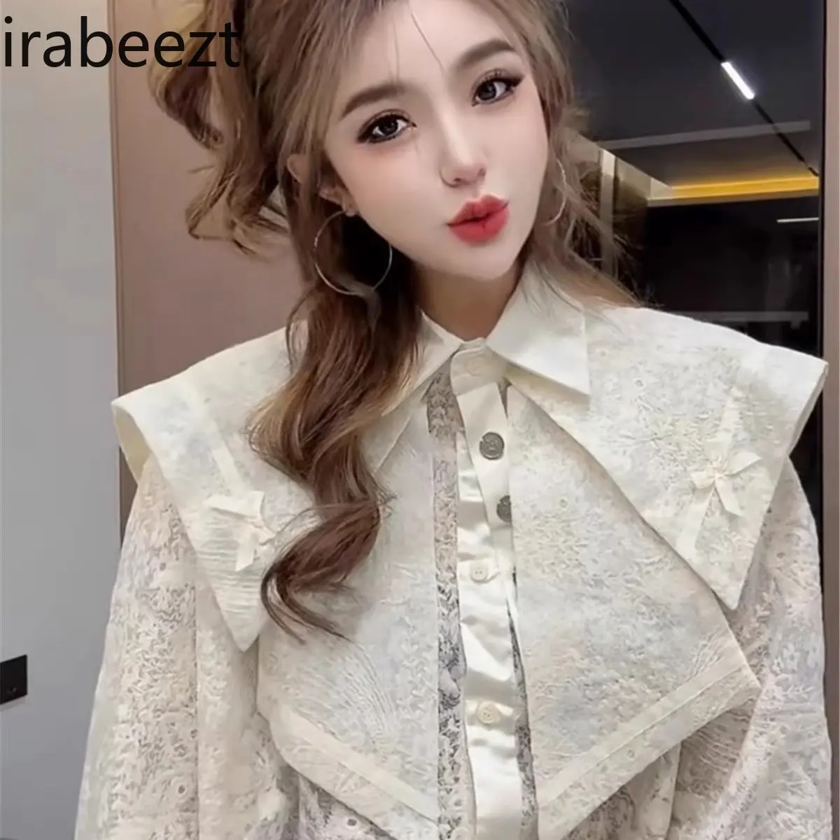 French Retro Lace Doll Collar Long-sleeved Shirt 2024 Winter New Design Temperament Versatile Tops for Women Casual Blusas