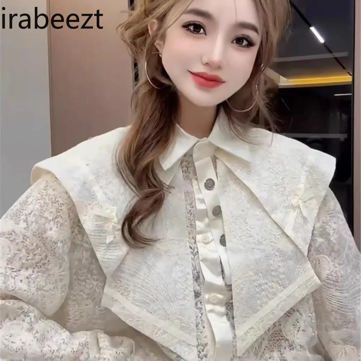 French Retro Lace Doll Collar Long-sleeved Shirt 2024 Winter New Design Temperament Versatile Tops for Women Casual Blusas