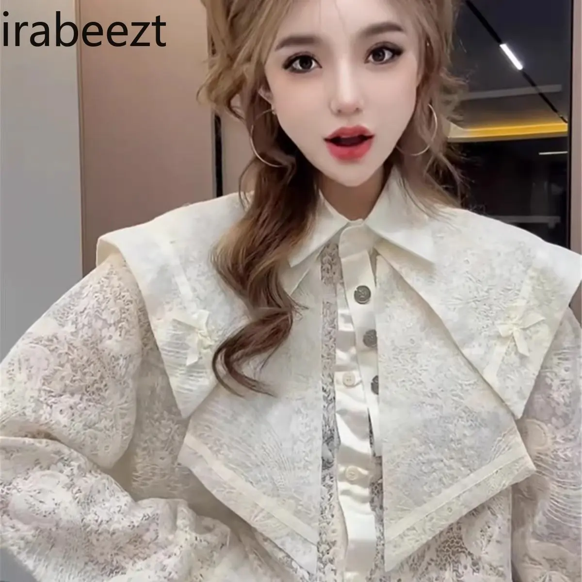 French Retro Lace Doll Collar Long-sleeved Shirt 2024 Winter New Design Temperament Versatile Tops for Women Casual Blusas