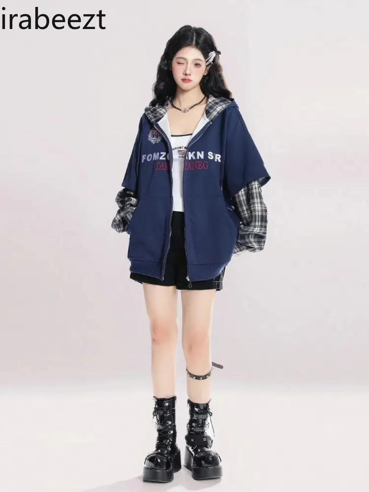 Embroidery Fake Two Plaid Cardigan Hoodie Women Spring and Autumn New Niche Coat Top Women Clothing  LOOSE FIT Sweatshirt