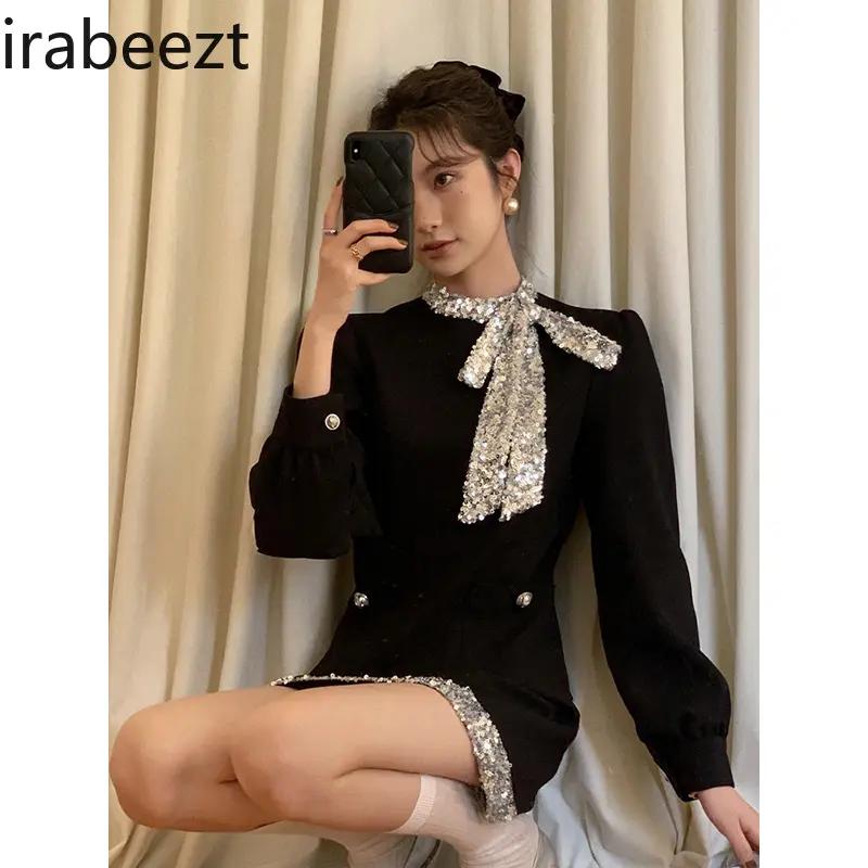 French Spring New Temperament Sequin Bow Robe Regulai Fit Vestidos De Mujer Elegantes Para Fiesta 2024 Dress for Women