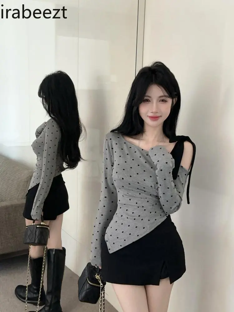 One-shoulder Irregular Polka-dot Long-sleeved T-shirt for Women in Autumn Sexy Hottie Off-shoulder Top Bottoming Shirt Inner Top