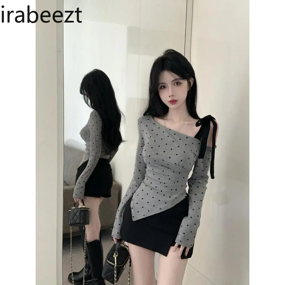 One-shoulder Irregular Polka-dot Long-sleeved T-shirt for Women in Autumn Sexy Hottie Off-shoulder Top Bottoming Shirt Inner Top