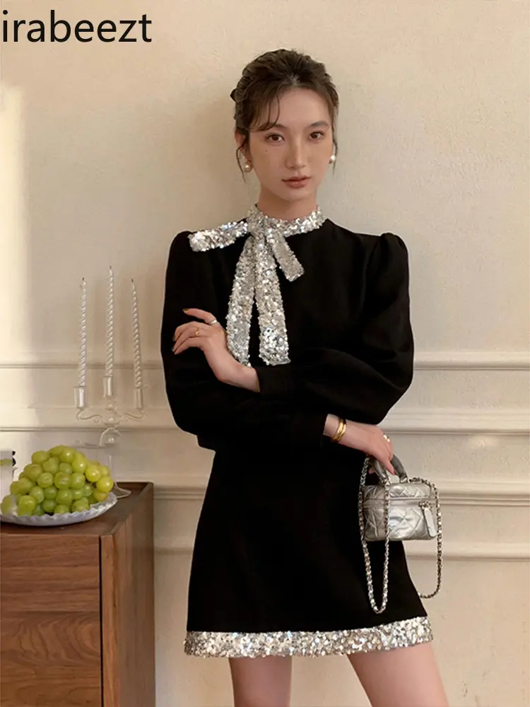 French Spring New Temperament Sequin Bow Robe Regulai Fit Vestidos De Mujer Elegantes Para Fiesta 2024 Dress for Women