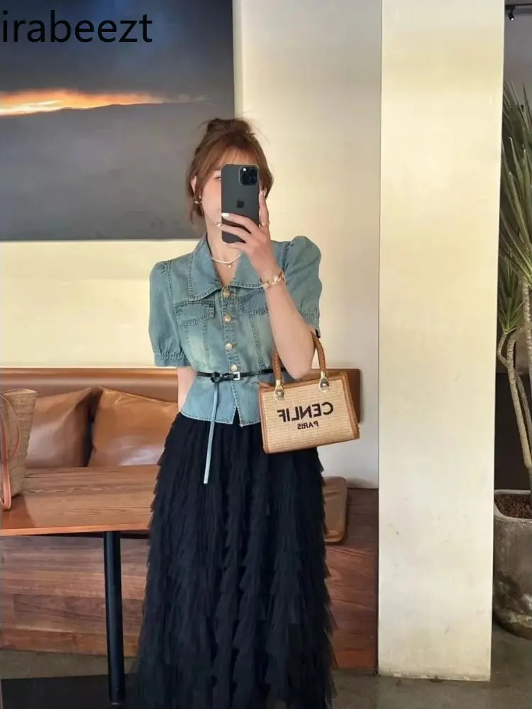 Women's Short Sleeve Denim Shirt 2025 Summer Vintage Chic Bubble Sleeve Blouse Casual Loose Fit Retro Style Fashion Top