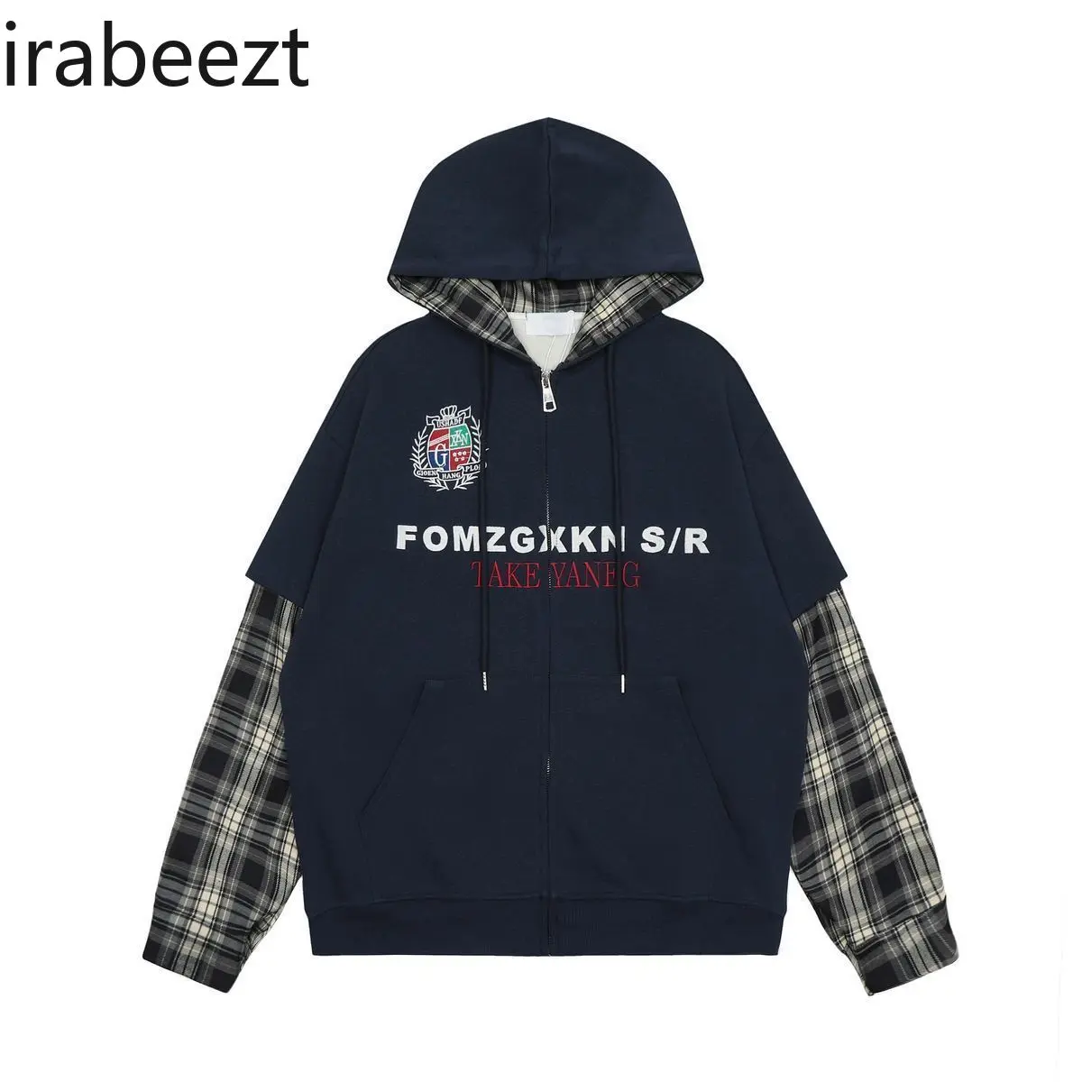 Embroidery Fake Two Plaid Cardigan Hoodie Women Spring and Autumn New Niche Coat Top Women Clothing  LOOSE FIT Sweatshirt