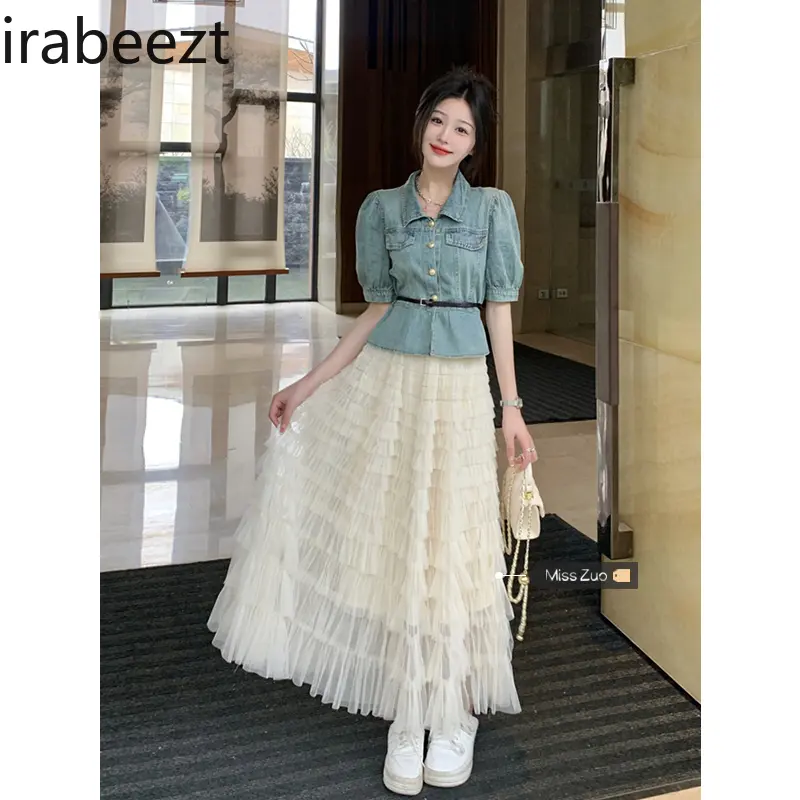 Women's Short Sleeve Denim Shirt 2025 Summer Vintage Chic Bubble Sleeve Blouse Casual Loose Fit Retro Style Fashion Top