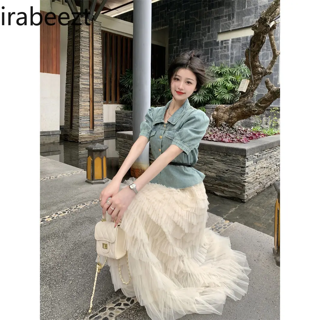 Women's Short Sleeve Denim Shirt 2025 Summer Vintage Chic Bubble Sleeve Blouse Casual Loose Fit Retro Style Fashion Top